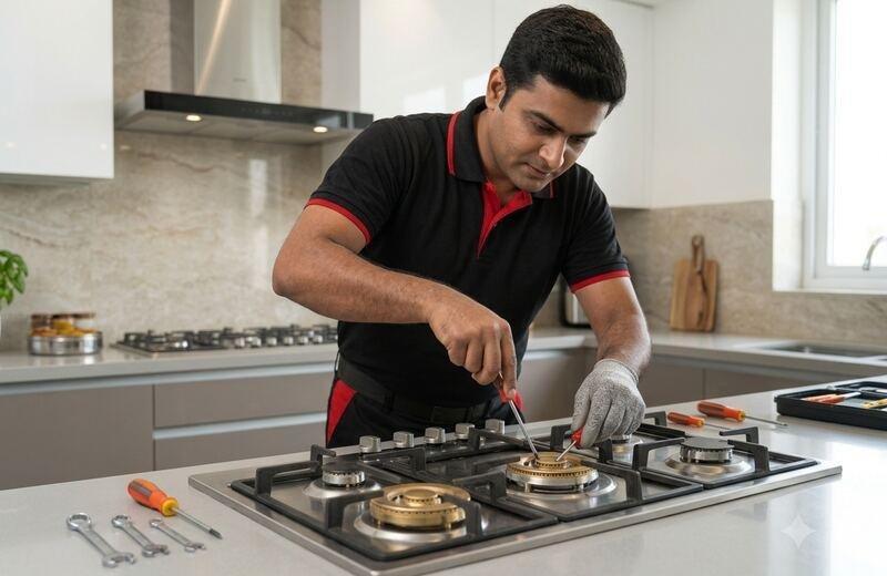 Gas stove repair technician working on burners