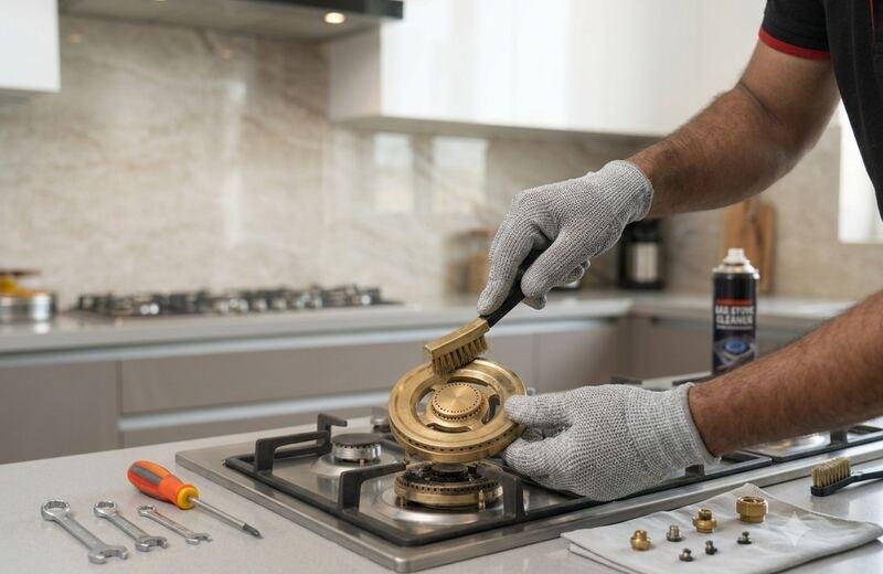 Gas burner cleaning and repair with brass brush